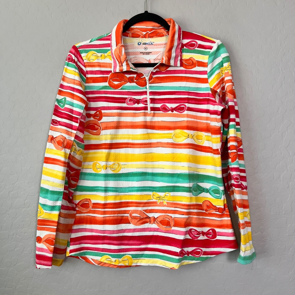 Ibkul Medium Quarter Zip Sun Shirt Rainbow Stripe Bow Print Long Sleeve Mesh
